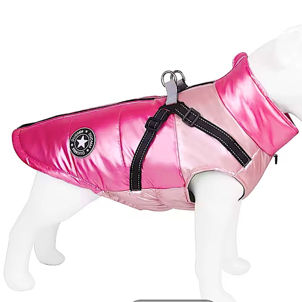 Pink Dog Puffer Jacket with Black Zipper & Built in Harness - Picture 2 of 14